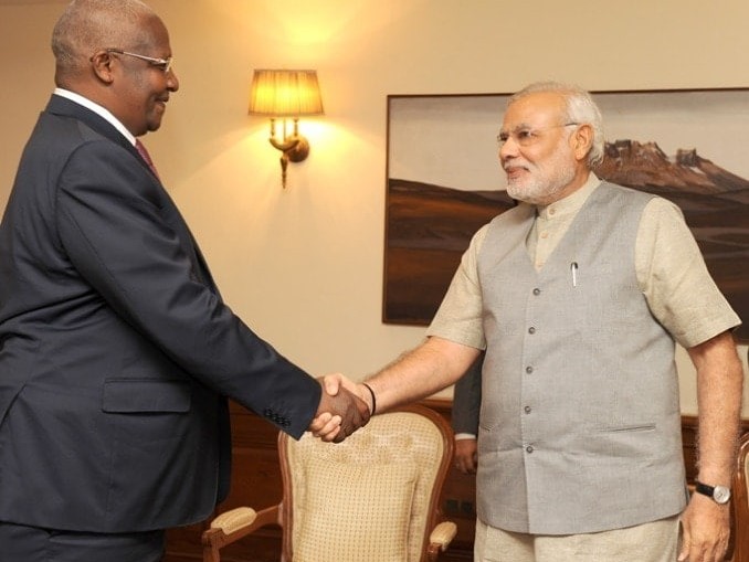 Sam Kutesa, Uganda's foreign minister, and India's prime minister, Narendra Modi, in New Delhi in 2014.