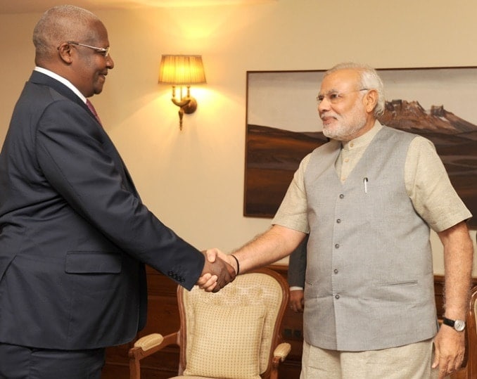 Sam Kutesa, Uganda's foreign minister, and India's prime minister, Narendra Modi, in New Delhi in 2014.