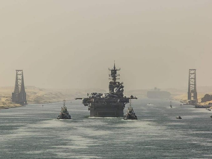 Ship transits through the Suez Canal.