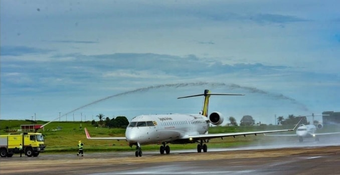 Two Uganda Airline aircraft on their maiden flight to Entebbe International Airport